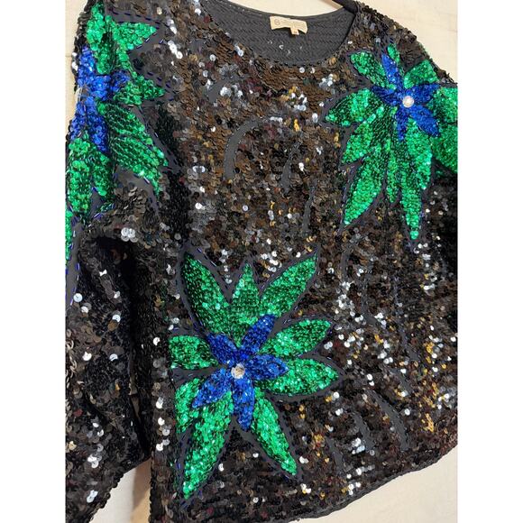 Vintage Sequin Top Sz 44 Black Green Blue Holiday Festive Party Chic - Picture 6 of 6